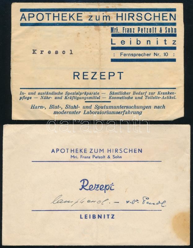cca 1940 2 db osztrák (Leibnitz) recept boríték, mindkettő recepttel