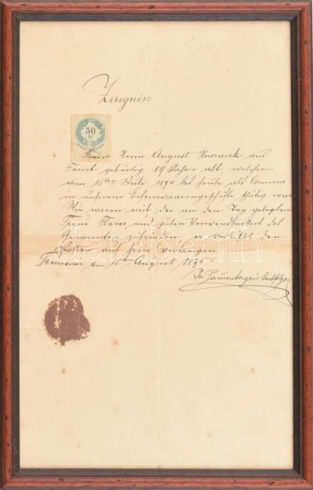 1895 Temesvár, német nyelvű bizonyítvány, töredékes viaszpecséttel, 50 kr okmánybélyeggel, üvegezett keretben
