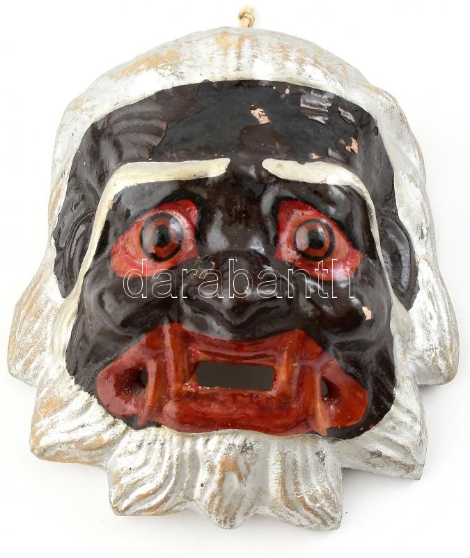 Mongol festett gipsz falra akasztható maszk, sérült, 11x15 cm