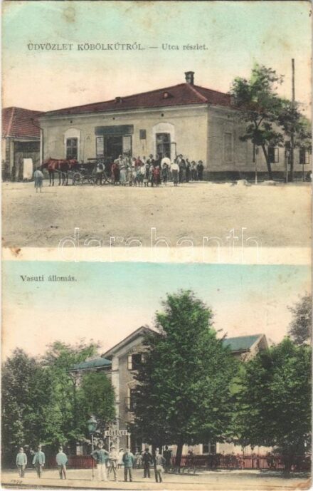 Köbölkút, Gbelce; utca, vasútállomás, Wiesenberg Dávid üzlete és saját kiadása / street, railway station, shop (fl)