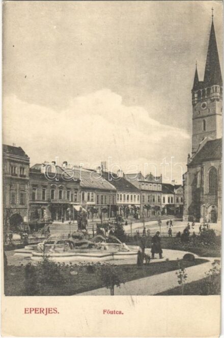 Eperjes, Presov; Fő utca, templom, takarékpénztár, Bobrandt J. W. üzlete. Divald Károly fia / main street, church, shop, savings bank