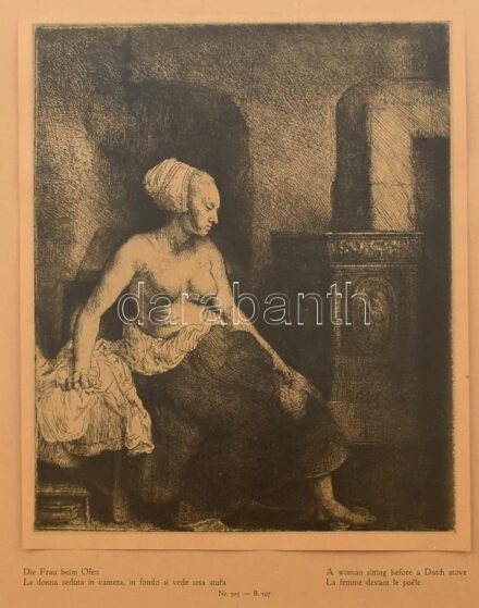cca 1900-1920 Rembrandt van Rijn (1606-1669): Hölgy kályha mellett. Fénynyomat, papír. Üvegezett fa keretben, 23x19 cm.