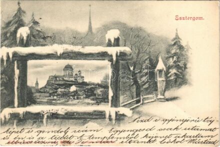 1904 Esztergom, Bazilika. Montázs téli tájképpel. Kardos Dezső kiadása