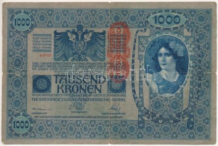 Ausztria 1919. (1902) 1000K, függőleges 'DEUTSCHÖSTERREICH' felülbélyegzéssel, mindkét oldal német T:III,III- Austria 1919. (1902) 1000 Kronen, with vertical 'DEUTSCHÖSTERREICH' overprint, both sides in german C:F,VG Krause P#58