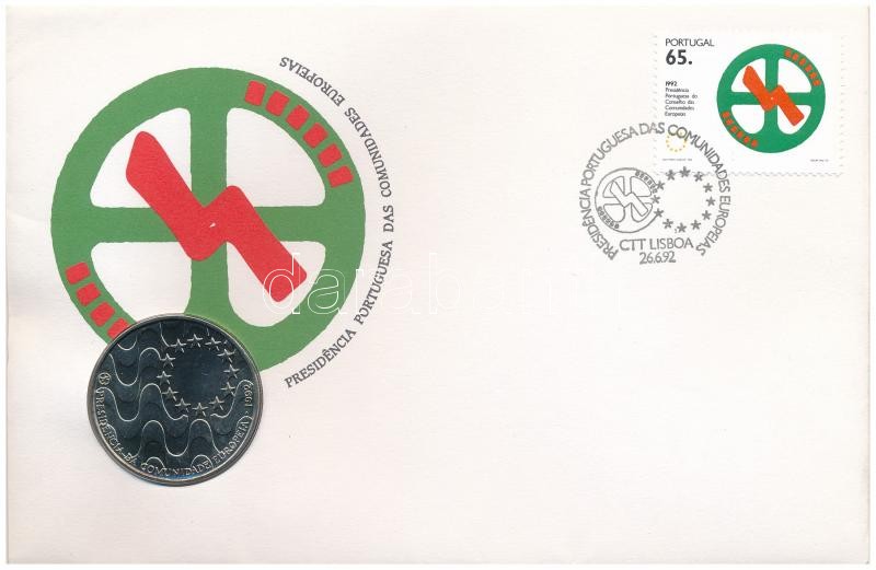 Portugália 1992. 200E Cu-Ni 'Az Európai Közösség portugál elnöksége' felbélyegzett borítékban, bélyegzéssel T:1 Portugal 1992. 200 Escudos Cu-Ni 'Portugal's Presidency of the European Community' in envelope with stamp and cancellation