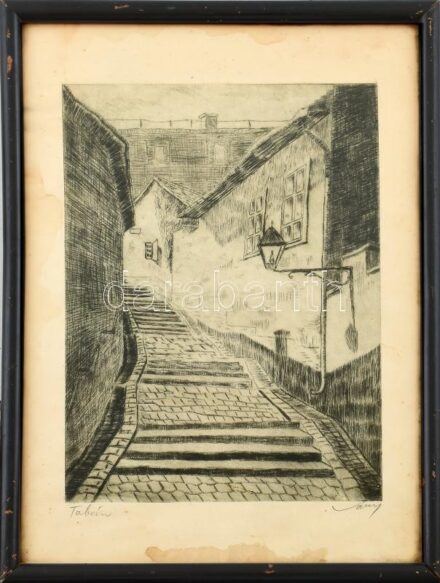 Olvashatatlan jelzéssel: Tabán. Rézkarc, papír. Lap széle kissé foltos. Üvegezett, kissé kopott fa keretben. Hátoldalán Silmann Béla képkeretező 1930-35 körüli címkéjével. 23,5x18 cm