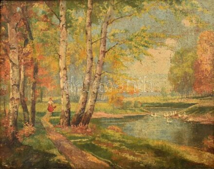 Olvashatatlan jelzéssel, feltehetően 1920-40 körül működött magyar festő alkotása: Hazafelé. Olaj, vászon, kissé sérült. Dekoratív, sérült a keretben. 60×80 cm