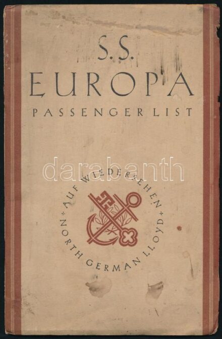 1936 S.S. Europa hajójának utaslistája, benne Schlachta / Slahta Margit (1884-1974) szerzetesnő nevével