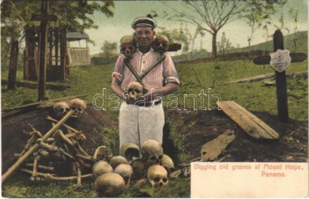 Panama, Digging old graves at Mount Hope, man with skulls