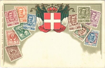 Set of Italian stamps with Italian flag and coat of arms. Carte Philatelie D.R.G.M. Ottmar Zieher Emb. litho (EK)