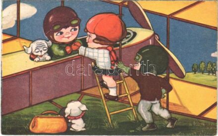 1939 Children art postcard, farewell, airplane. Amag 0291. + 'TISZAUG - KECSKEMÉT 194' vasúti mozgóposta bélyegző