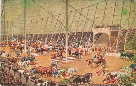 Riesen-Circus Krone. Größte Schaustellung Europas. Der Circus Maxim II mit seinen altrömischen Arenaspielen und Wagenwettkämpfen / 'Krone' Giant Circus advertisement card (EK)