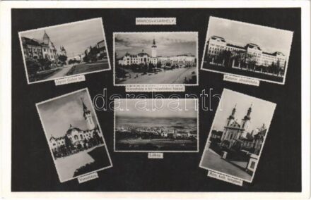 Marosvásárhely, Targu Mures; Ugron Gábor tér, Városháza, Közművelődési Ház, Katonai alreáliskola, Római katolikus templom / square, town hall, community center, military school, Catholic church