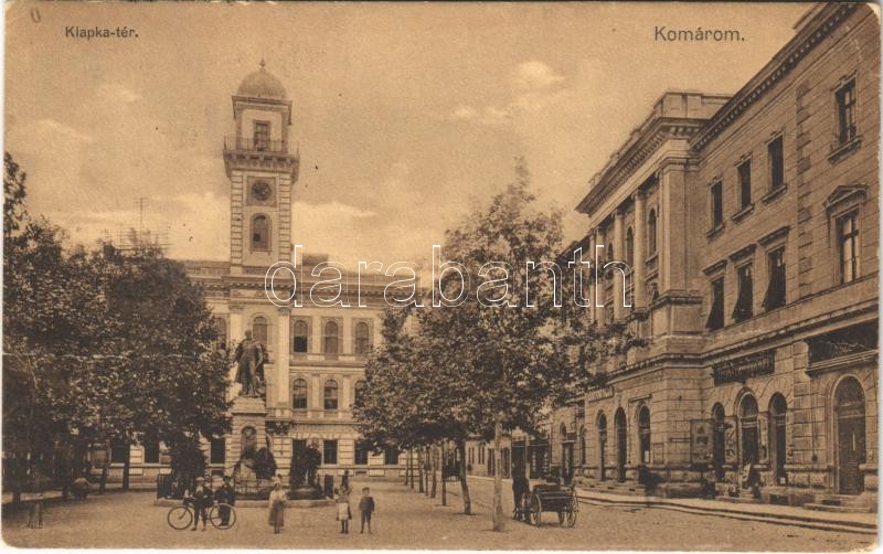 1912 Komárom, Komárno; Klapka tér és szobor, Városháza, üzlet, gyógyszertár, könyvnyomda. Girch József kiadása / square, statue, town hall, shop, pharmacy, publishing house (EK)