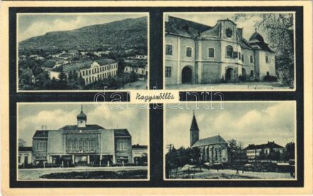 1941 Nagyszőlős, Nagyszőllős, Vynohradiv (Vinohragyiv), Sevljus, Sevlus; Perény kastély, templom, utca / castle, church, street view + kétnyelvű bélyegző / bilingual cancellation