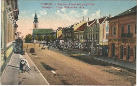 Zombor, Sombor; Kralja Aleksandra ulica / utca, üzletek, templom / street view, shops, church + '1941 Zombor visszatért' So. Stpl.