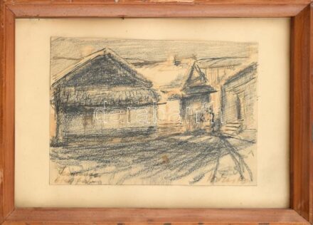 Bokor Béla (?-?): Temesvár, öreg falu. Vegyes technika, papír. Üvegezett fa keretben. 20,5x29 cm
