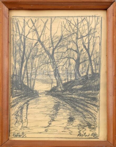Bokor Béla (?-?): Patak. Szén, papír. Üvegezett fa keretben. 29x20,5 cm