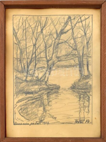 Bokor Béla (?-?): Erdei patak. Szén, papír. Üvegezett fa keretben. 29x21 cm