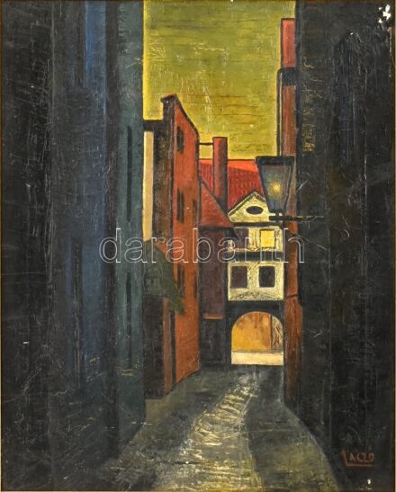 Laczó jelzéssel: Városrészlet. Olaj, vászon, sérült. Dekoratív fa keretben, 50×40 cm
