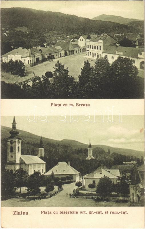 Zalatna, Zlatna; Piata cu m. Breaza, Piata cu bisericile ort. gr. cat. si rom.-cat., Traian Baicu / tér, templomok, gyógyszertár, üzletek / square, pharmacy, churches, shops