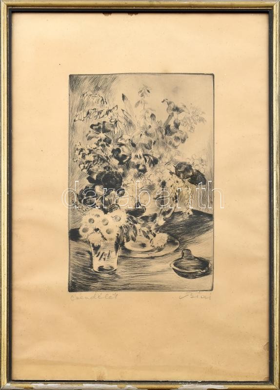 Biai-Föglein István (1905-1974): Csendélet. Rézkarc, papír, jelzett, lap széle kissé sérült. Üvegezett fa keretben, 27,5×18,5 cm