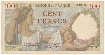 Franciaország 1940. 100Fr T:III tűly. France 1940. 100 Francs C:F needle hole
