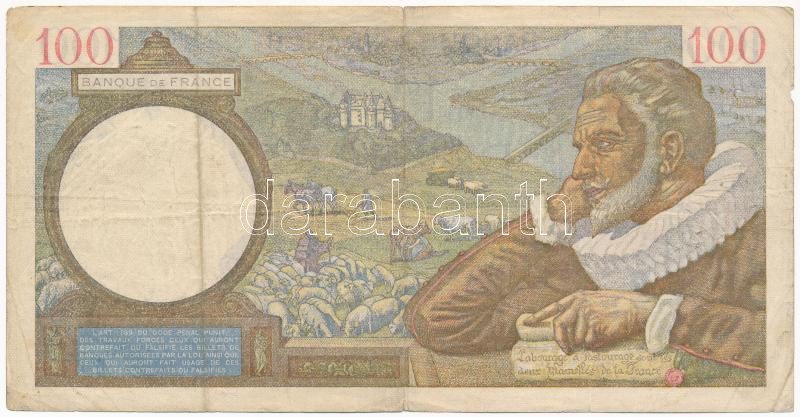 Franciaország 1940. 100Fr T:III tűly. France 1940. 100 Francs C:F needle hole - Image 2