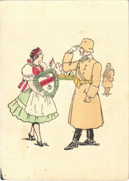 1940 Isten hozott! Bevonulás. Kiadja a Délvidéki Egyetemi és Főiskolai Hallgatók Egyesülete / WWII Hungarian military art postcard, entry of the Hungarian troops, irredenta propaganda + '1940 Kolozsvár visszatért' So. Stpl. (EB)