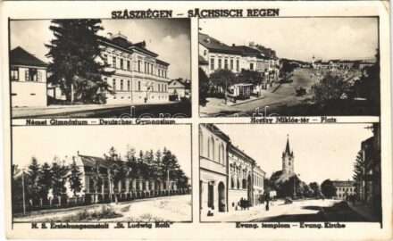 1943 Szászrégen, Reghin; Német gimnázium, Horthy Miklós tér, 'St. Ludwig Roth' német nemzetiségi iskola, evangélikus templom / German schools, square, Lutheran church (EK)