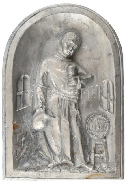 Szerzetes hordóval, fém fali kép, jó állapotban, 27×19 cm