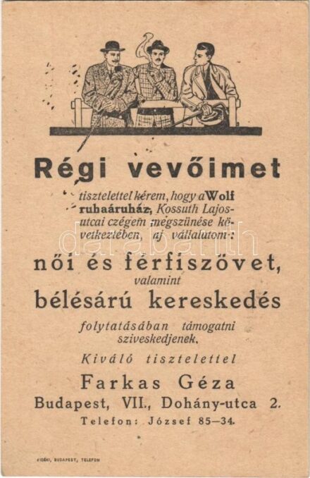 1921 Farkas Géza posztókereskedés reklámlapja. Budapest, Dohány utca 2. / Hungarian cloth shop advertisement + 'készpénzzel bérmentesítve'