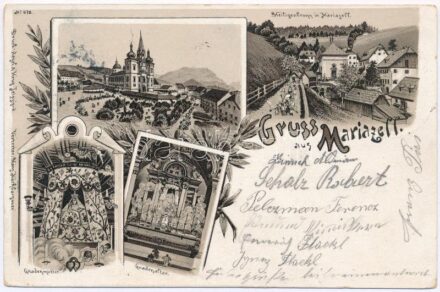 1900 Mariazell, Heiligenbrunn, Gnadenmutter, Gnadenaltar / church interior. Art Nouveau, floral, litho