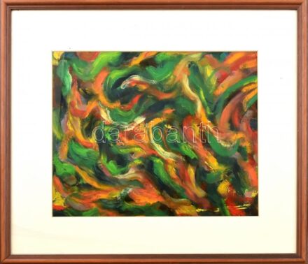 Jelzés nélkül: Absztrakt kompozíció. Olaj, papír. Lap szél e kissé sérült. Üvegezett, kissé sérült fa keretben. 31x38,5 cm