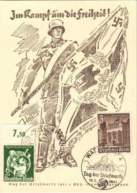 1941 Tag der Briefmarke 'Im Kampf um die Freiheit!' / WWII Day of the German Stamp, NSDAP German Nazi Party propaganda, swastika s: Axster-Heudtlass + So. Stpl. (EK)