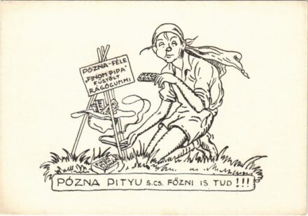 Pózna Pityu s. cs. főzni is tud!!! Pózna-féle 'Finom Pipa' füstölt rágógumi, humoros cserkész lap / Hungarian boy scout art postcard, scout humour