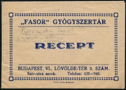 'Fasor' gyógyszertár Bp. VI. Lövölde tér receptboríték