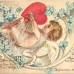 1902 Art Nouveau Emb. floral litho greeting card with angel and heart. Ser. 21. (apró lyuk / tiny pinhole)