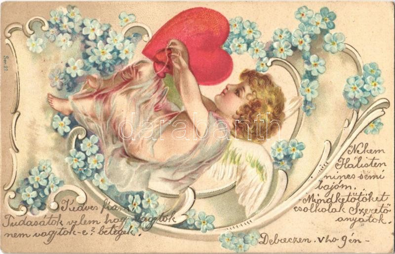 1902 Art Nouveau Emb. floral litho greeting card with angel and heart. Ser. 21. (apró lyuk / tiny pinhole)