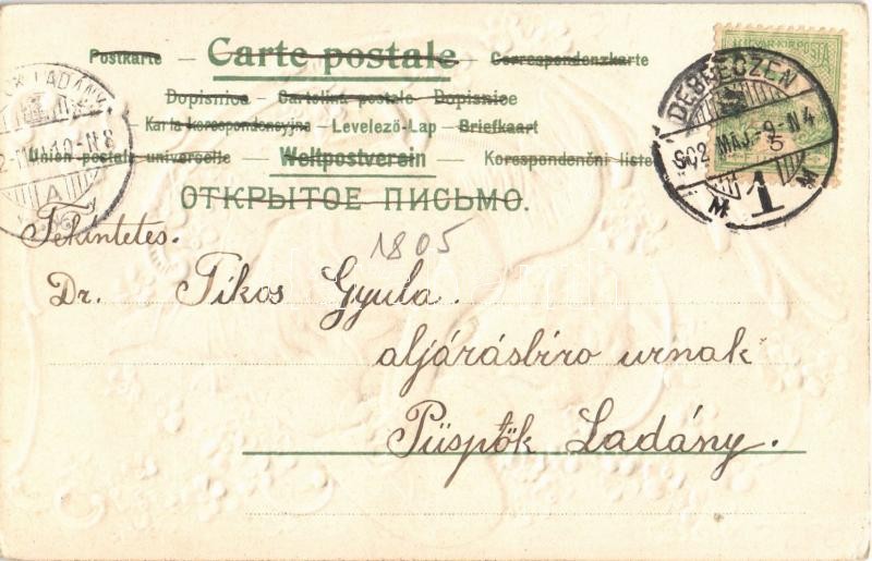 1902 Art Nouveau Emb. floral litho greeting card with angel and heart. Ser. 21. (apró lyuk / tiny pinhole) - Image 2
