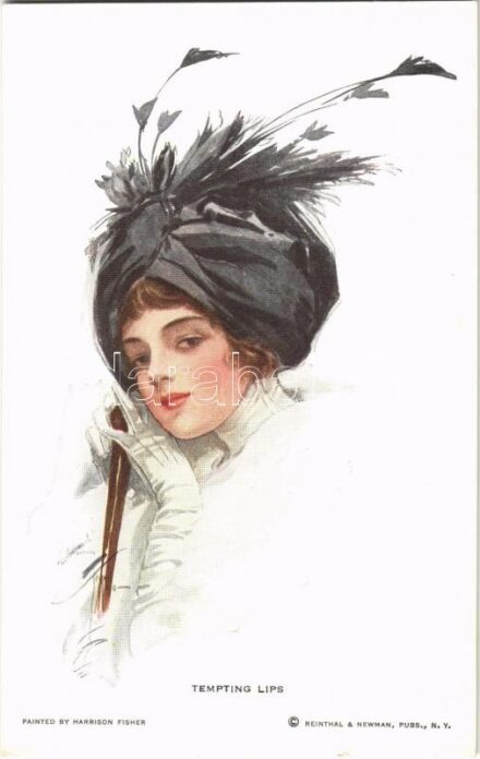Tempting lips. Lady art postcard. Reinthal & Newman No. 420. s: Harrison Fisher (EB)