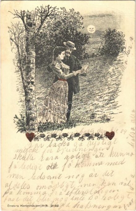 1904 Lady art postcard, romantic couple at night. Örebro Konstindustri 2102. (EB)