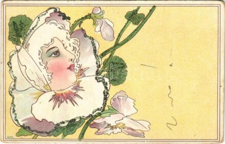 Art Nouveau lady art postcard, flower head. litho (kopott sarkak / worn corners)