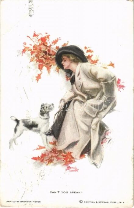 1913 'Can't you speak?' Lady art postcard, lady with dog. Reinthal & Newman No. 412. s: Harrison Fisher (EB)
