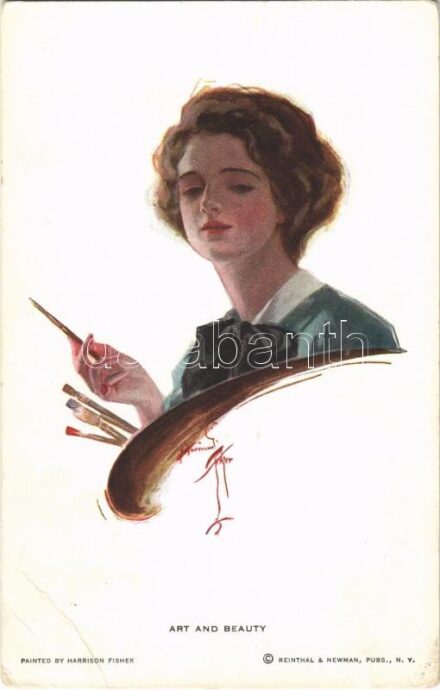 1914 'Art and Beauty' Lady art postcard, painter. Reinthal & Newman No. 401. s: Harrison Fisher (EB)