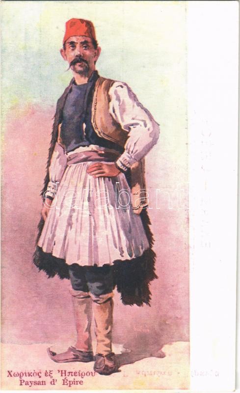 Paysan d'Épire / Greek folklore art postcard, peasant from Epirus s: Giallinas (vágott / cut)
