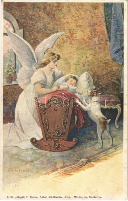 'Megállj!' Neuber Ráfael Mű-Kiadása S. 31. / Children art postcard, angel and dog with baby s: R. Kratki (vágott / cut)