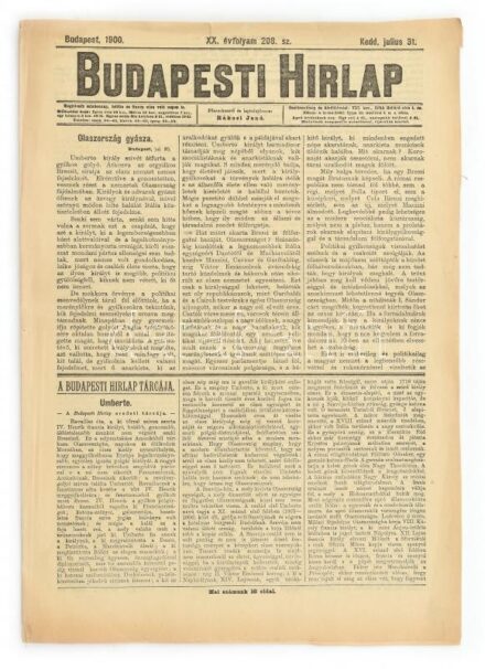 1900 A Budapesti Hírlap július 31.-i száma Umberto olasz király meggyilkolásával
