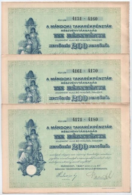 Mándok 1927. 'Mándoki Takarékpénztár Részvénytársaság' tíz részvénye egyben, összesen 200P (3x) sorszámkövetők, szárazpecséttel, szelvényekkel T:I-,II