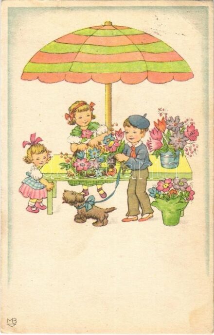 1944 Children art postcard, flowers, dog (EB)